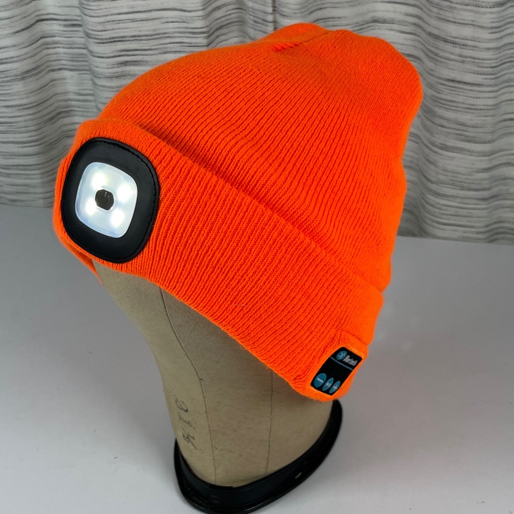 Bluetooth Beanie with LED Headlamp Neon‎ Orange Knit Hat Rechargeable Wireless